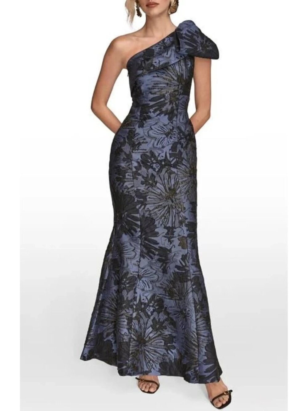 Donna Karan Ink Blue Metallic One-Shoulder Jacquard Mermaid Gown